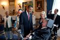 President Barack Obama talks with Stephen Hawking in the Blue Room of the White House before a ceremony presenting him and 15 others the Presidential Medal of Freedom, August 12, 2009.