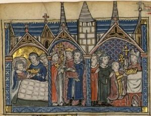 13th-century illustrations of a man in bed and a coronation