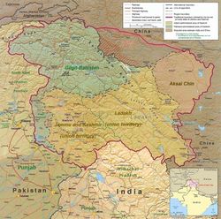 A map of the disputed Kashmir region showing the Pakistani administered region of Balistan, a part of Pakistani-administered Gilgit-Baltistan
