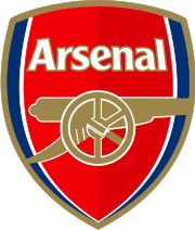 Red shield with large gold cannon below the word "Arsenal" in white letters. Thin white and blue stripes line the shield's left and right edges.