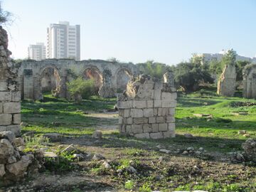 White stone ruins of a building, including arches and columns, in a grassy area with modern, high-rise buildings in the background