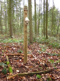 A thin wooden pillar located within woodland