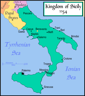 The Kingdom of Sicily as it existed at the death of its founder, Roger  of Sicily, in 1154.