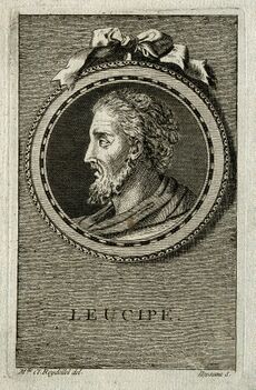 A line engraving of Leucippus