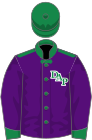 Purple, green donkey emblem on back, green 'dap' on front, green cuffs and cap