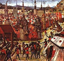 A depiction of the capture of Jerusalem in 1099 from a medieval manuscript. The burning buildings of Jerusalem are centered in the image. The various crusaders are surrounding and besieging the village armed for an attack.