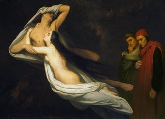 الرسام آري شفر (1795-1858). لوحة تُظهر "فرانشسكا دا ريميني وپاولو مالاتستا وينظر إليهما دانتى وڤرجيل" (1854)