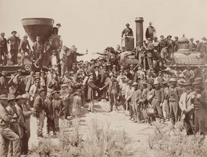 East and West Shaking hands at the laying of last rail Union Pacific Railroad - Restoration.jpg