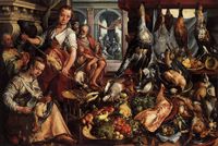 Joachim Beuckelaer, (1533-1575), Kitchen scene, with Jesus in the house of Martha and Mary in the background, 1566.