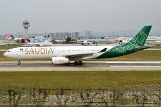 Saudia (Saudi National Day Livery), HZ-AQE, Airbus A330-343 (44574961504).jpg