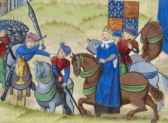 1381: مصرع وات تايلر: من اليسار إلى اليمين: السير وليام والورث، عمدة لندن رافعاً سيفه، وات تايلر، الملك رتشارد الثاني، السير جون كاڤندش، مرافق الملك حاملاً رمحاً.