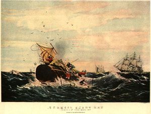 رسم لحوت عنبر يدمر قارب، ويظهر في الخلفية قوارب أخرى.