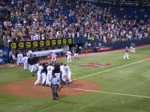 Fans in the stands behind the Twins celebrating Morneau's home run