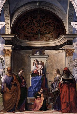 Oil painting. A large altarpiece in which the Madonna sits on a raised throne, with four saints and an angel as described in the article.