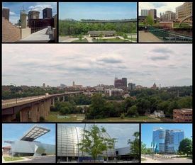 From upper left: Ohio & Erie Canal bridge, the All-American Bridge, Lock 3, Downtown Akron, Akron Art Museum, the National Inventors Hall of Fame, and Goodyear Polymer Center
