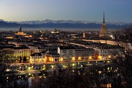 Panorama of Turin, with the Mole Antonelliana and the Alps, from Monte dei Cappuccini