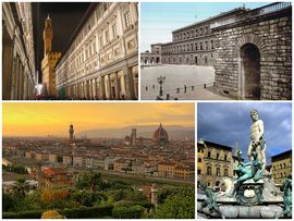 صورة مجمعة من معالم فلورنسا يظهر فيها: معرض أوفيزي للفنون (أعلى اليسار)، ثم قصر پيتي، مشهد الغروب في المدينة، وفونتانا دل نيتونو في قصر السيادة.