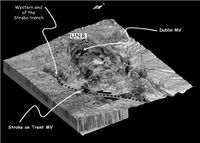 United Nations Rise Mud Volcano field offshore Southern Crete. Backscatter data superimposed on oblique 3D bathymetry seafloor relief of the United Nations Rise field.