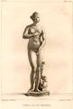 An engraving of the Venus de' Medici. The goddess is depicted in a fugitive, momentary pose, as if surprised in the act of emerging from the sea, to which the dolphin at her feet alludes. The dolphin would not have been a necessary support for the bronze original. Venus' modest pose is similar to pose held by the Venus in The Birth of Venus, by Sandro Botticelli, and many different statues from antiquity.