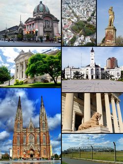 من أعلى اليسار: Estación del Ferrocarril Roca • High view of Plaza Dardo Rocha • Garibaldi's statue • Legislatura Provincia de Buenos Aires • Palacio Municipal • Catedral • Museo de Ciencias Naturales • Estadio Ciudad de La Plata.