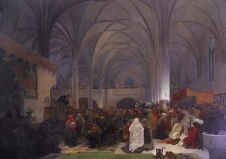 Mucha's الملحمة السلاڤية cycle No.8: Master Jan Hus Preaching at the Bethlehem Chapel: Truth Prevails (1916)