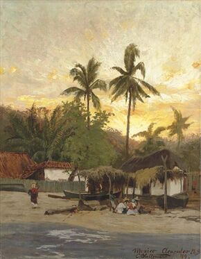 Painting of a sandy beach, sun setting behind it, seen from the water. People sit by a hut with two longboats. A woman carries a basket on her head up the beach toward a tile-roof house. Lush forest is silhouetted against the late sunset.