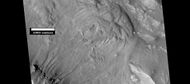 Gullies and massive flow of material, as seen by HiRISE under HiWish program. Gullies are enlarged in next two images. Location is Bamberg crater.