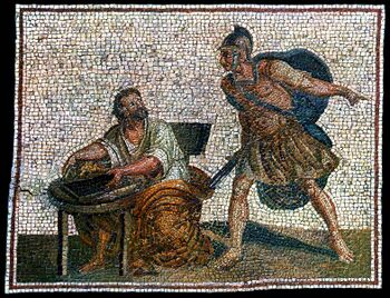 a colourful mosaic of a sword-armed soldier gesturing to a seated man in ancient-style robes