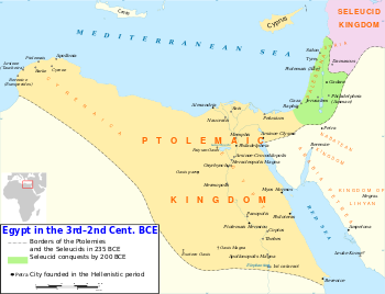 مصر البطلمية حوالي 235 ق.م. المناطق الخضراء فـُقِدت لصالح الامبراطورية السلوقية بعد 35 سنة من ذاك الوقت.