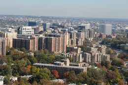 The skylines of Arlington's Courthouse and Rosslyn neighborhoods, with Washington, D.C. in the background in November 2010.
