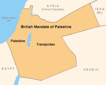 الحدود التقريبية للانتداب البريطاني حوالي 1922. في سبتمبر 1922 نظمت بريطانيا المنطقة شرق نهر الأردن, "عبر (شرق) الأردن," كدولة مستقلة ذاتياً.