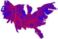 Cartogram of popular vote with each county rescaled in proportion to its population. Deeper blue represents a Democratic majority, brighter red represents a Republican majority.[3]