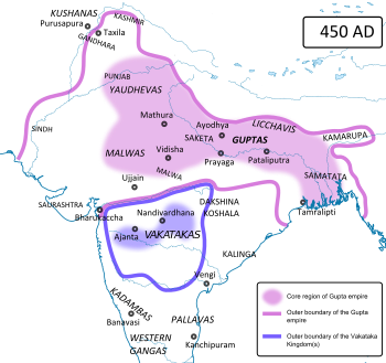 الامتداد التقريبي لأراضي گوپتا (بنفسجي) في 450 م.