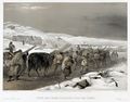 طباعة حجرية بريطانية نشرت في مارس 1855، من لوحة بالألواء المائية لوليام سيمپسون، تظهر الإسكان العسكري الشتوي تحت الإنشاءوالإمدادات المنقولة على ظهور الجنود. حصان ميت، مدفون جزئياً في الثلج، يرقد على جانب الطريق.