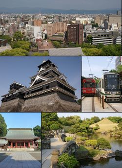 From top left:Central Kumamoto view from Kumamoto Castle, Kumamoto Castle, Kumamoto City Tramway, Fujisaki hachimangu shrine, Suizenji Park