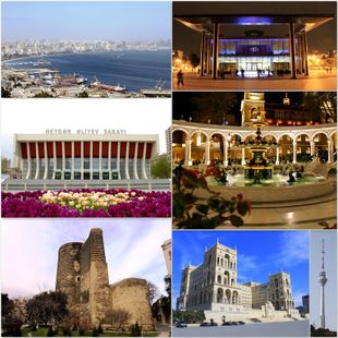 أعلى: خليج باكو; مركز أعمال باكو الوسط: قصر حيدر علييڤ; قاعة اوركسترا أذربيجان الحكومية أسفل: قصر العذراء؛ بيت الحكومة; برج تلفزيون باكو.