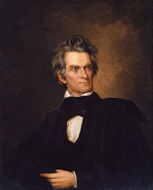 Oil on canvas painting of John C. Calhoun, perhaps in his fifties, white shirt, black robe, full head of graying hair