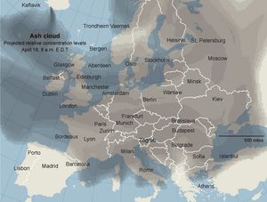 لمطارات المغلقة بسبب بركان إيافيالايوكل. اللون الأحمر: مطارات مغلقة، اللون الأصفر:أغلق وسوف يتم افتتاحه. اللون الأخضر:أغلق وأعيد افتتاحه.