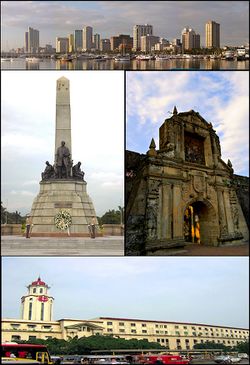 Images, from top, left to right: Manila skyline, Rizal Park, Fort Santiago, Manila City Hall.