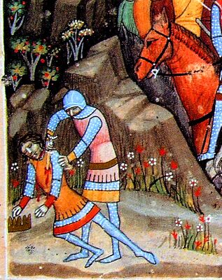 Chronicon Pictum, Hungarian, Hungary, King Samuel Aba, killing, battle of Ménfő, knight, medieval, chronicle, book, illumination, illustration, history