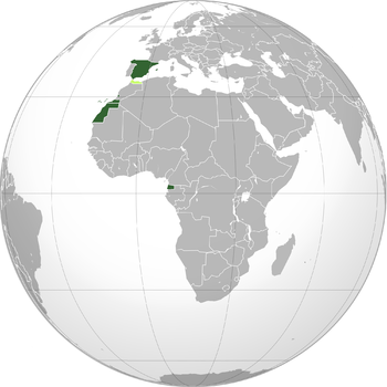 خريطة تصور الوضع الإقليمي لأسبانيا في عام 1958. الأخضر: لايتجزأ من الدولة التأسيسية الإسبانية (بما في ذلك مقاطعات في الخارج.) 'لايم: المحميات 'البرتقالي: الإدارات الدولية المشتركة