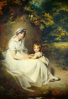 Woman in a white bonnet and a small child