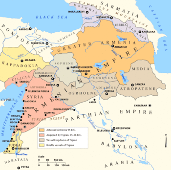 الامبراطورية الأرمنية في أقصى اتساعها في عهد تيگران الثاني العظيم، 69 ق.م (تشمل الولايات التابعة).