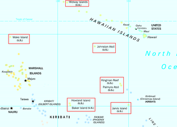 مواقع جزر الولايات المتحدة الصغيرة النائية في المحيط الهادي؛ لاحظ أن جزيرة ناڤاسا لا تظهر في هذه الخريطة.