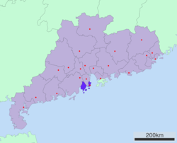 خريطة توضح موقع ژوهاي في گوانگ‌دونگ.