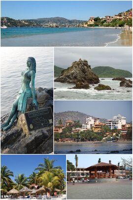 Above, from left to right: Panoramic beach 'La Ropa', Statue on the coast that represents Acapulco in Zihuatanejo, Rocks in the bay, Hotels in Playa Madero, Playa Cuachalalate and Playa La Ropa.