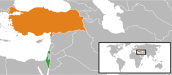 Map indicating locations of إسرائيل and تركيا