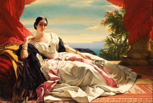 Leonilla Bariatinskaia Princess of Sayn Wittgenstein Sayn (1843), J. Paul Getty Museum, Los Angeles. Winterhalter contrasted sumptuous fabrics and vivid colors against creamy flesh to heighten the sensuality of the pose, the model, and the luxuriant setting.[1]