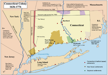 Map of Connecticut annotated to show its colonial history and the establishment of its modern borders