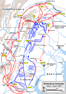 Initial movements in the campaign, through July 3; cavalry movements shown with dashed lines